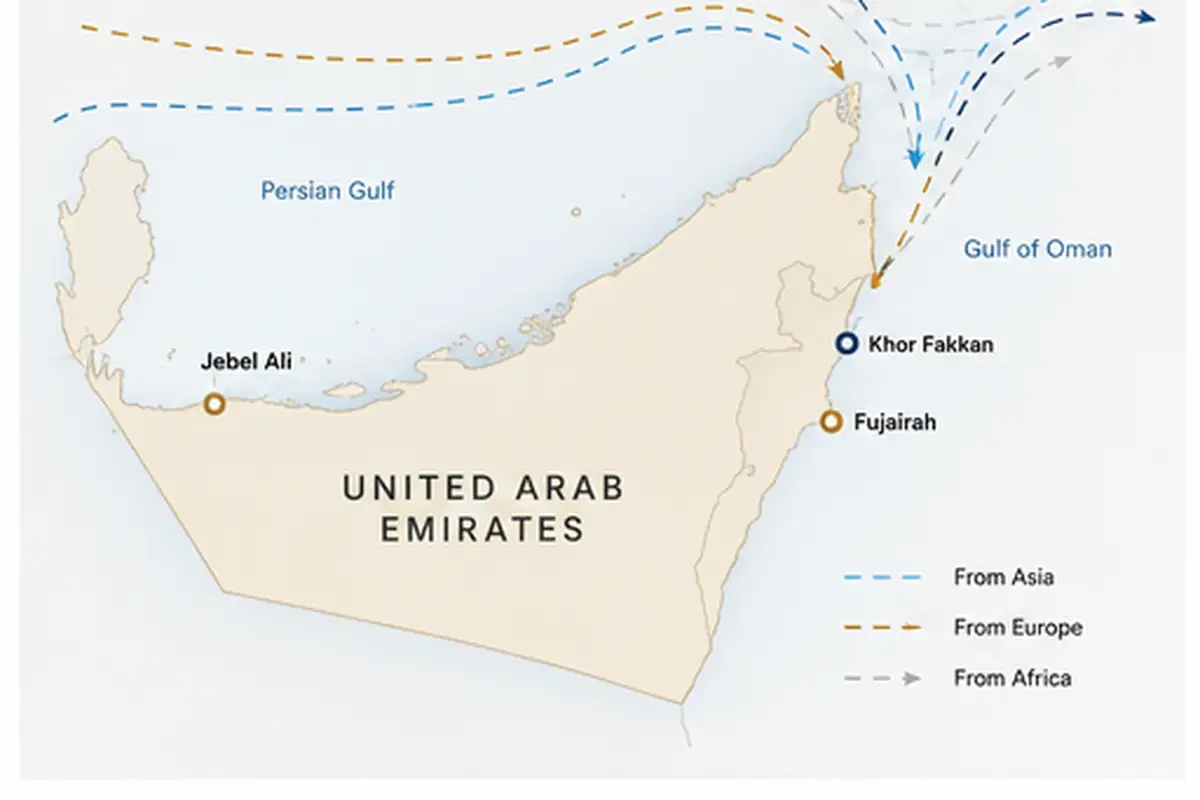 Map of UAE showing Fujairah, Khor Fakkan, and Jebel Ali bunker ports