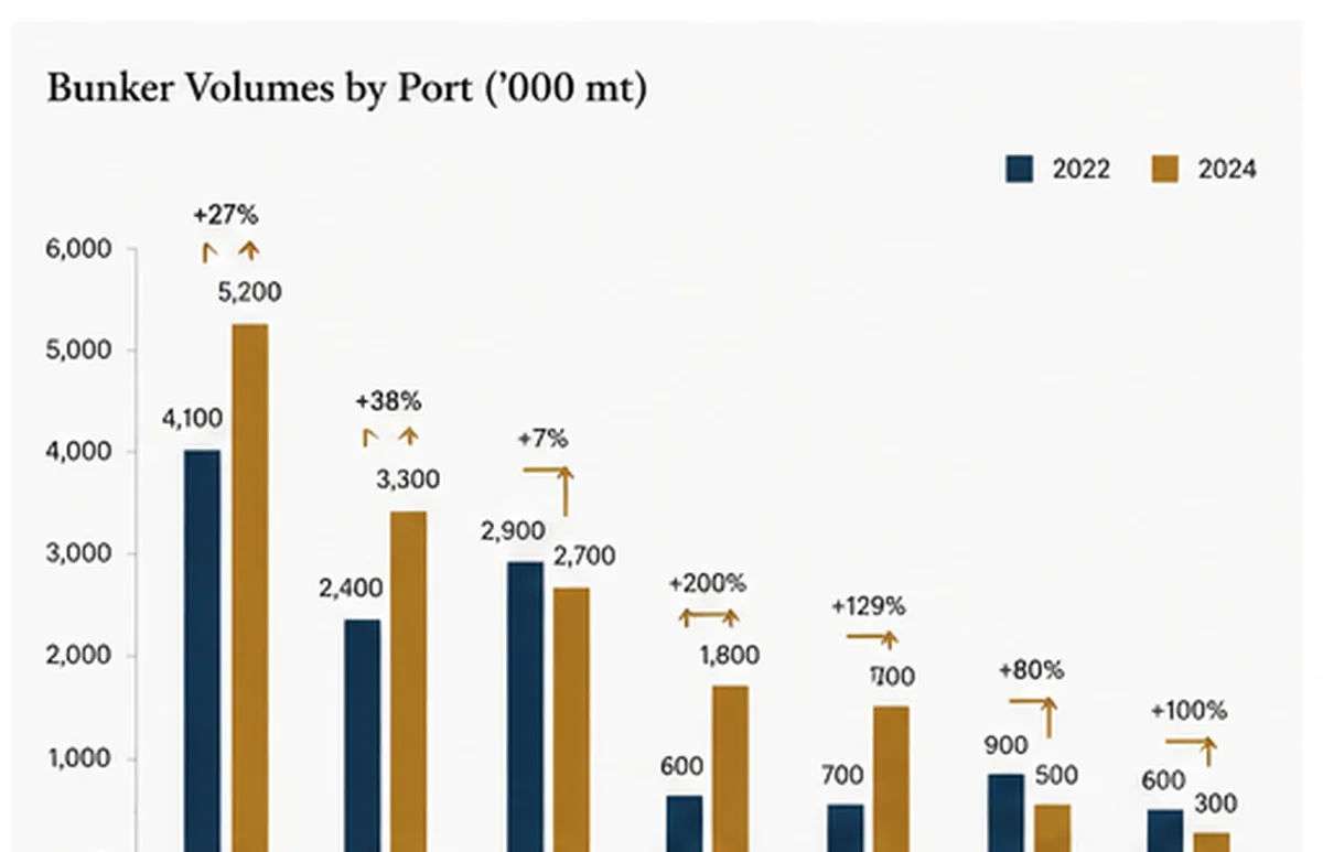 Bar chart of bunker volumes by port 2022 vs 2024 showing Port Louis and South African ports rising