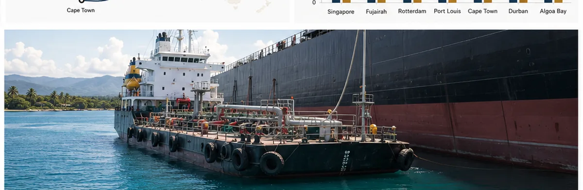 Bunker barge alongside large vessel at Port Louis anchorage