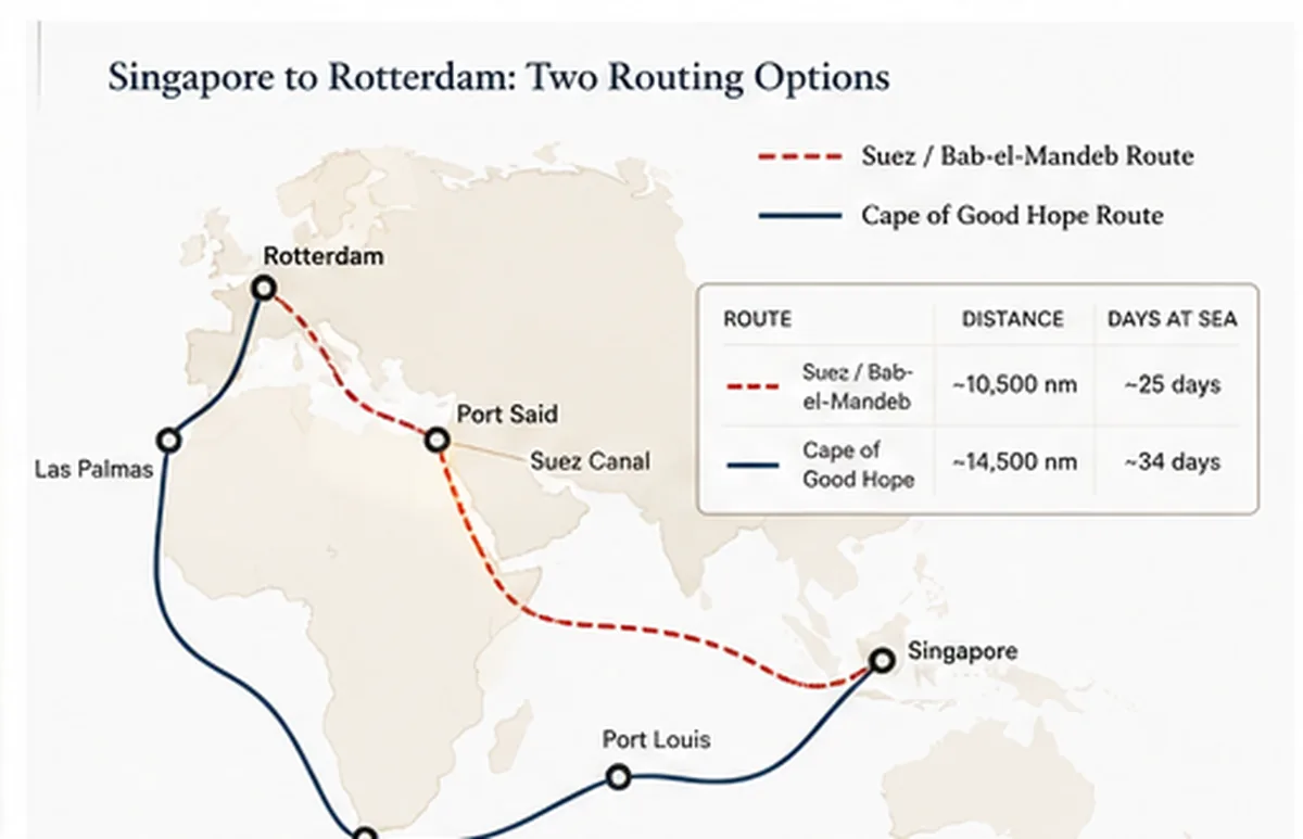 Map comparing Suez/Bab-el-Mandeb route and Cape of Good Hope route from Singapore to Rotterdam