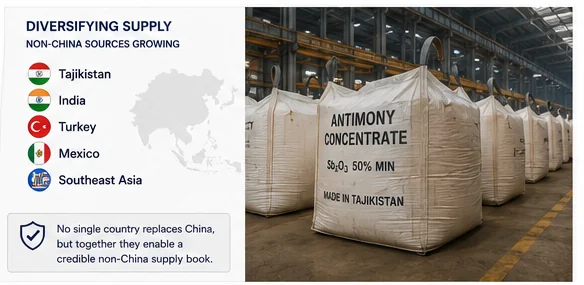 Diversifying supply — non-China antimony sources growing: Tajikistan, India, Turkey, Mexico and Southeast Asia, with bagged antimony concentrate made in Tajikistan