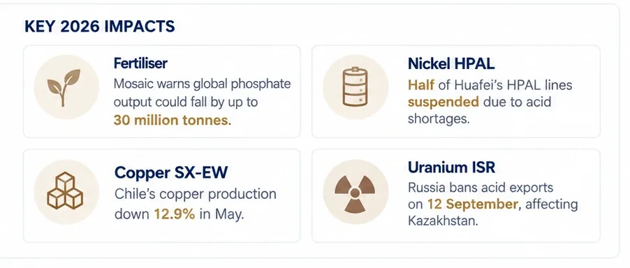 Key 2026 impacts of the acid crisis: Mosaic phosphate warning of minus 30 million tonnes, half of Huafei's HPAL nickel lines suspended, Chilean copper down 12.9% in May, Russia's 12 September acid export ban affecting Kazakh uranium