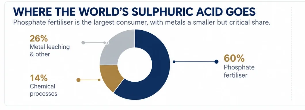 Where the world's sulphuric acid goes: phosphate fertiliser 60%, chemical processes 14%, metal leaching and other 26%