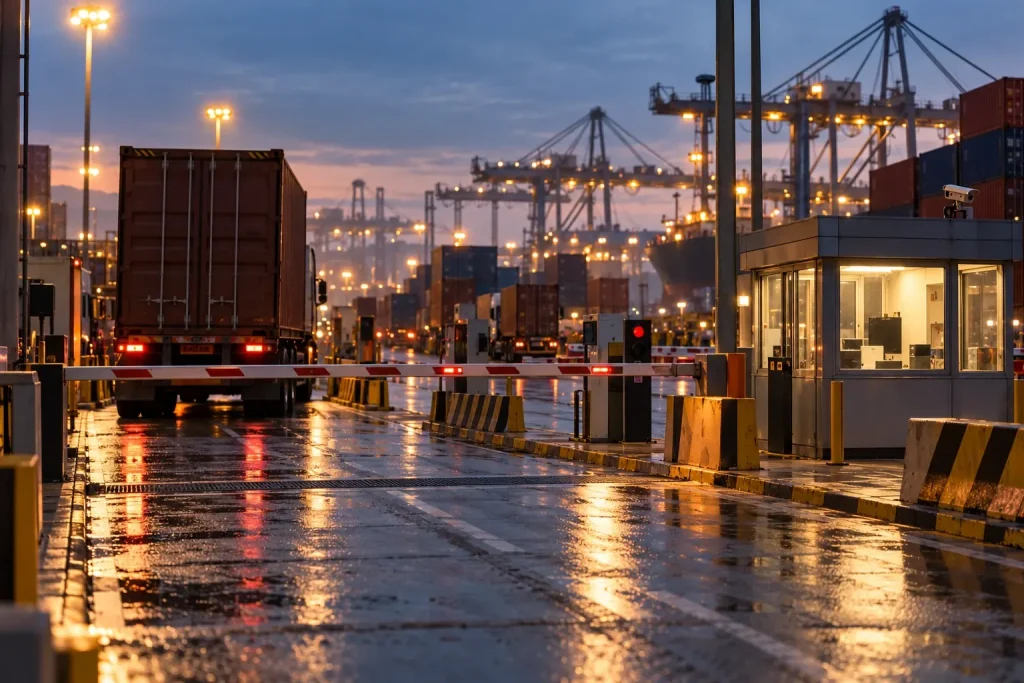 Container terminal customs gate at dusk, standing for the export-licence regime on critical minerals