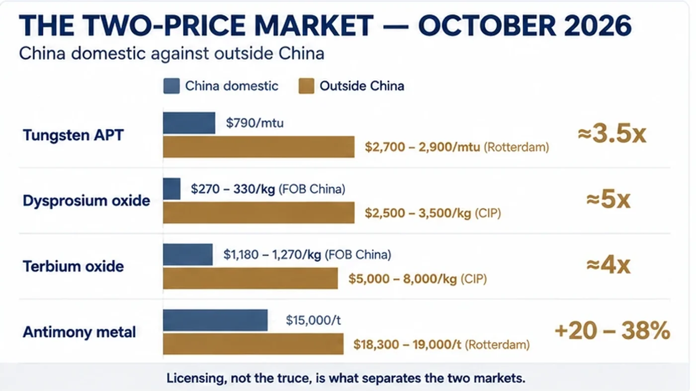 China domestic versus outside-China prices in October 2026: tungsten APT about 3.5 times higher in Rotterdam, antimony 20-38% higher, dysprosium and terbium oxide four to five times higher
