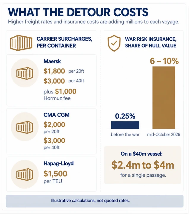 What the Hormuz detour costs: carrier war surcharges of $1,500 to $4,000 per container from Maersk, CMA CGM and Hapag-Lloyd, and war risk insurance at 6 to 10% of hull value against 0.25% before the war