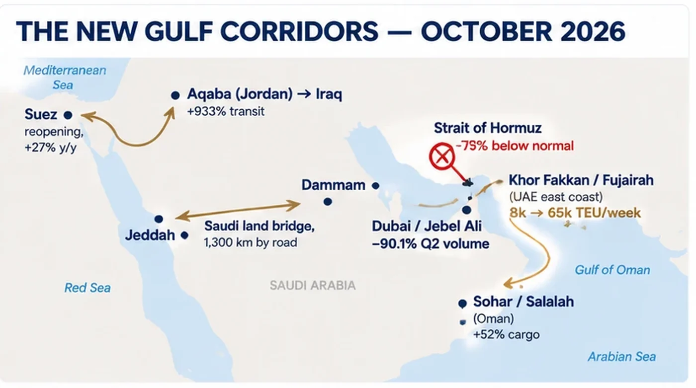 Map of Gulf trade corridors in October 2026: Hormuz closed, cargo rerouted via Khor Fakkan and Fujairah, Sohar and Salalah, the Saudi land bridge from Jeddah to Dammam, and Aqaba to Iraq