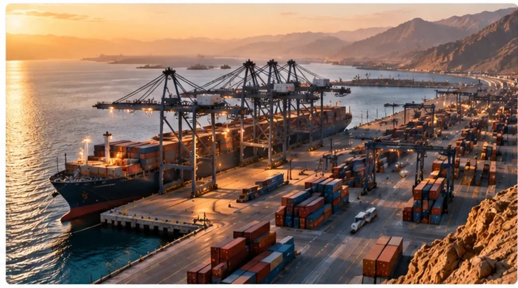 Aerial view of a container terminal on the Gulf of Oman coastline at golden hour